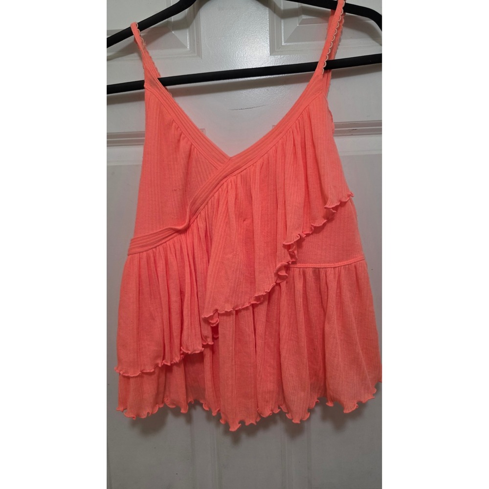 Free People Cami Top Womens Medium Neon Coral Orange Ribbed Ruffle Boho Peplum